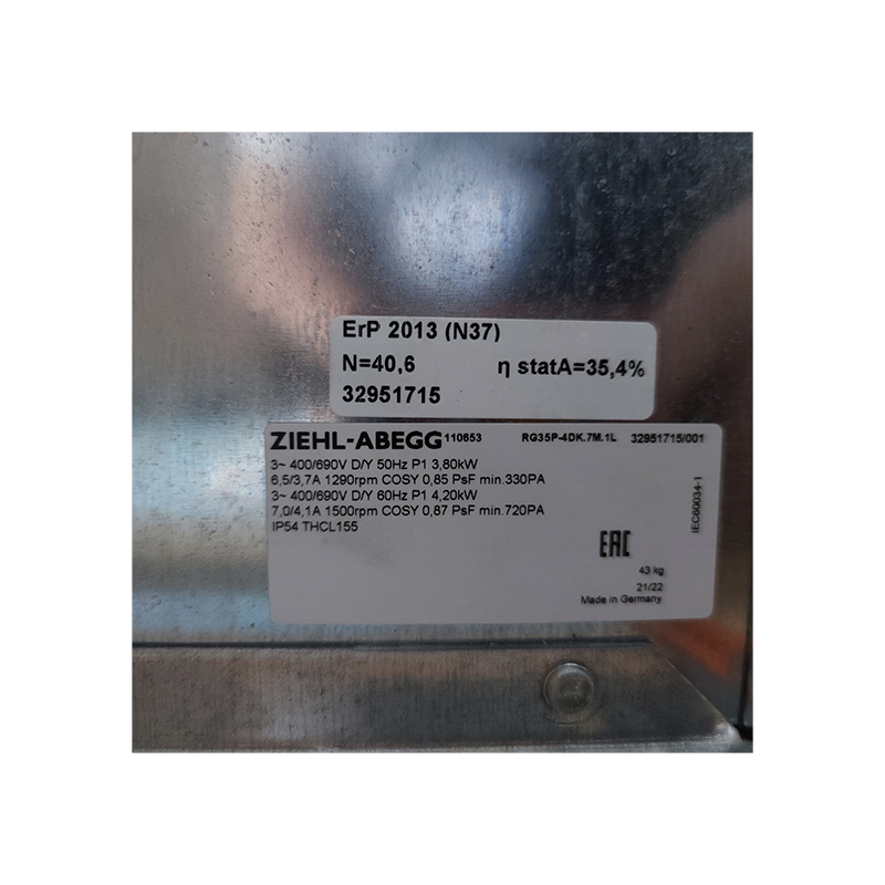 RG35P-4DK.7M.1L | ZIEHL-ABEGG 400V 4200W AC Centrifugal Fan for HVAC & Equipment Cooling